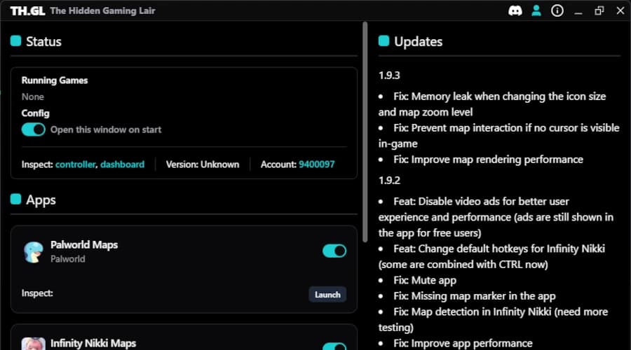 TH.GL Companion App launcher showing all supported games